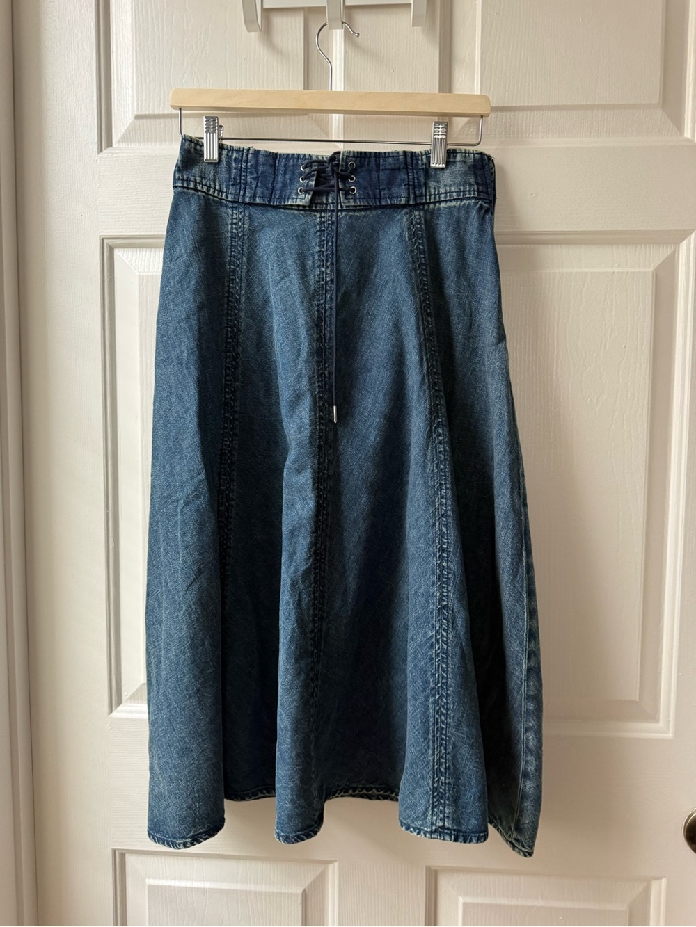 Ralph Lauren Dark Blue Denim A-Line Midi Skirt with Lace-Up Waist